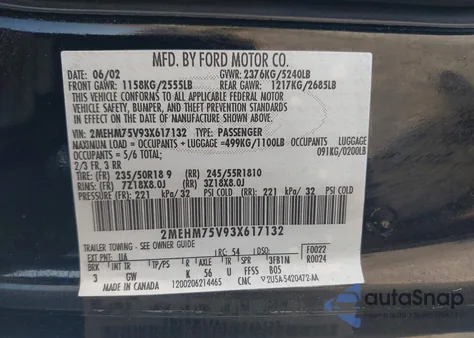 2003 Mercury Marauder from USA, damaged, VIN 2MEHM75V93X617132